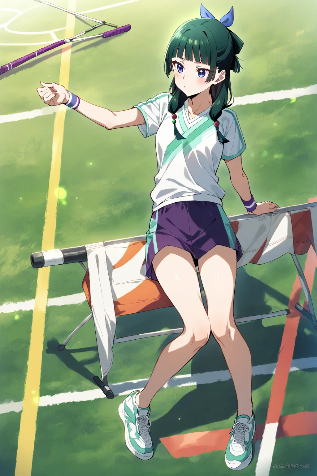 Full body illustration of Maomao wearing lightweight badminton shirt, mid-thigh sport skirt with shorts lining, wristband, and sneakers, viewed from below