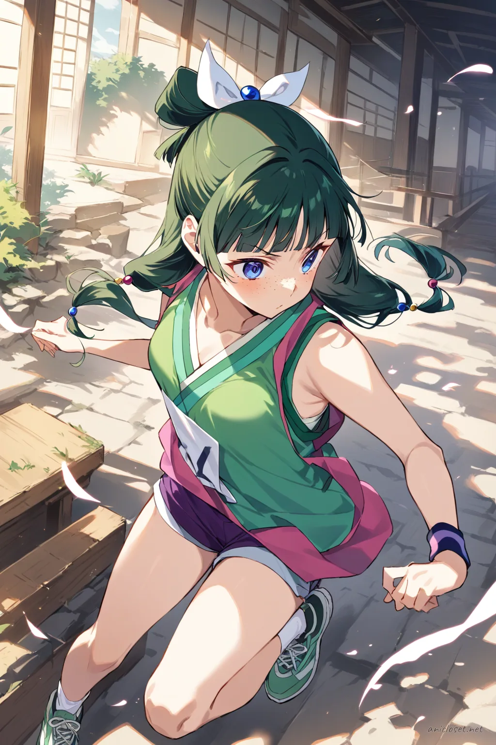 Full-body illustration of Maomao in a track club running kit with singlet, short shorts, number bib, and running sneakers on a clean studio background