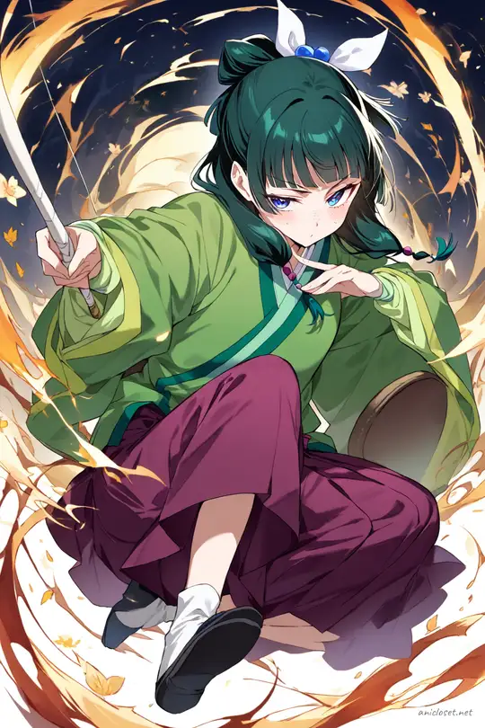 Full body illustration of Maomao in sportswear with hakama skirt, fitted jacket, archery glove, tabi socks, and split-toe shoes, standing calmly in dojo