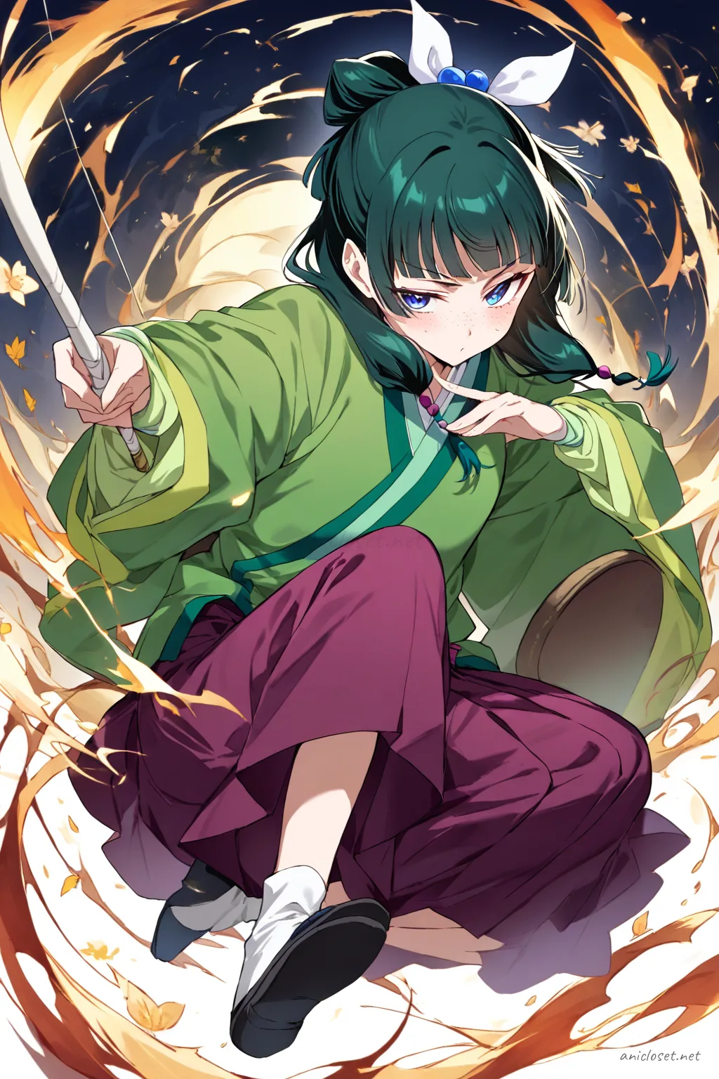 Full body illustration of Maomao in sportswear with hakama skirt, fitted jacket, archery glove, tabi socks, and split-toe shoes, standing calmly in dojo