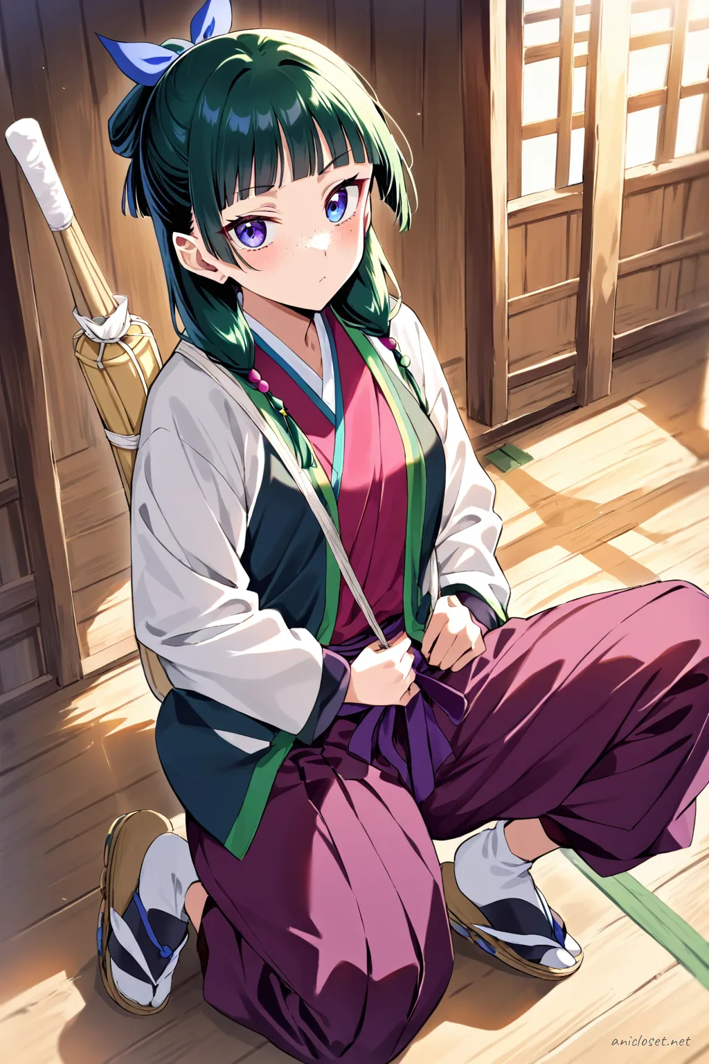 Illustration of Maomao wearing a kendo practice jacket and hakama skirt-pants, holding a shinai bag in a calm dojo stance
