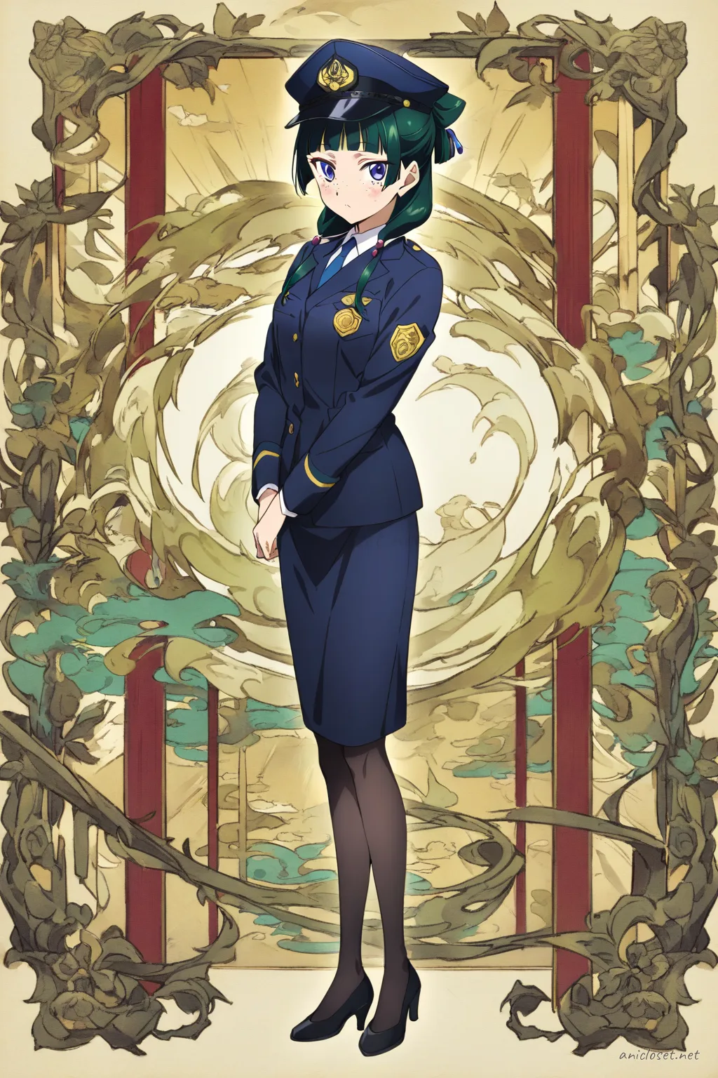 Full-body three-quarter view of Maomao in navy patrol uniform with peaked cap, necktie, badge, radio mic, utility belt, pencil skirt, black tights, and low heels