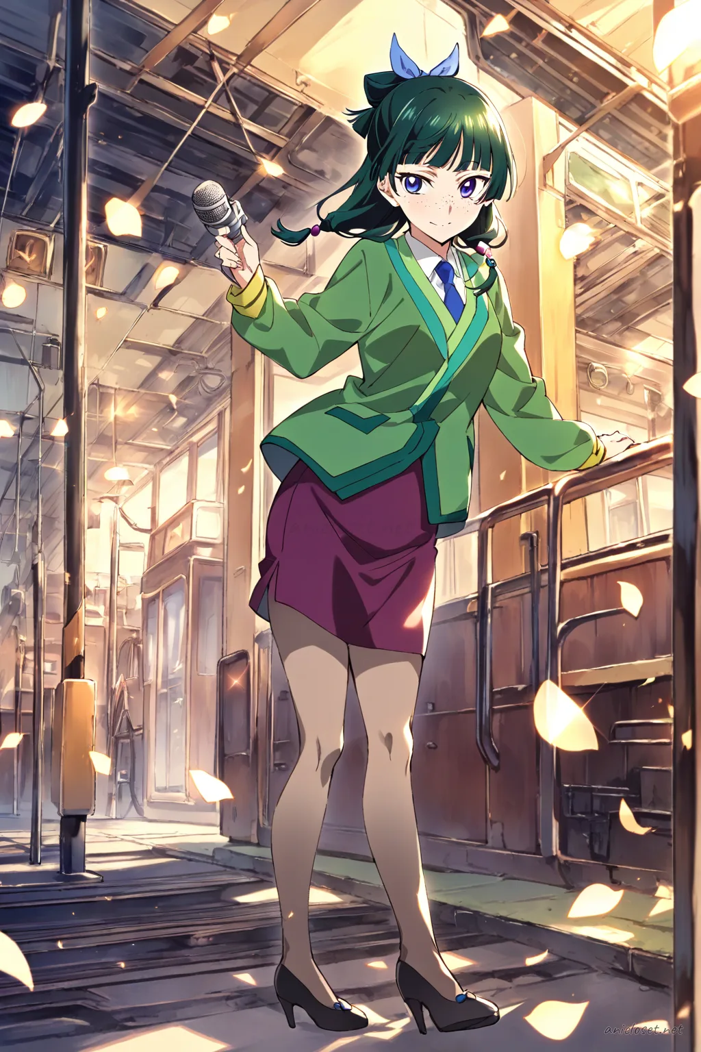 Illustration of Maomao wearing a navy tactical vest over a fitted white shirt, black cargo skirt, holster belt, holding a helmet under arm, and combat boots