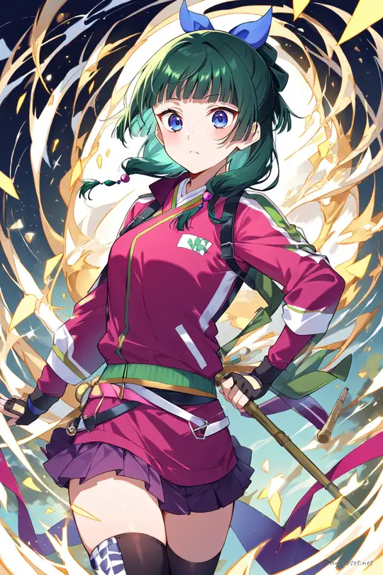 Illustration of Maomao in a tight cropped racing jacket, mini skirt, thigh-high boots, and fingerless gloves with sponsor patches