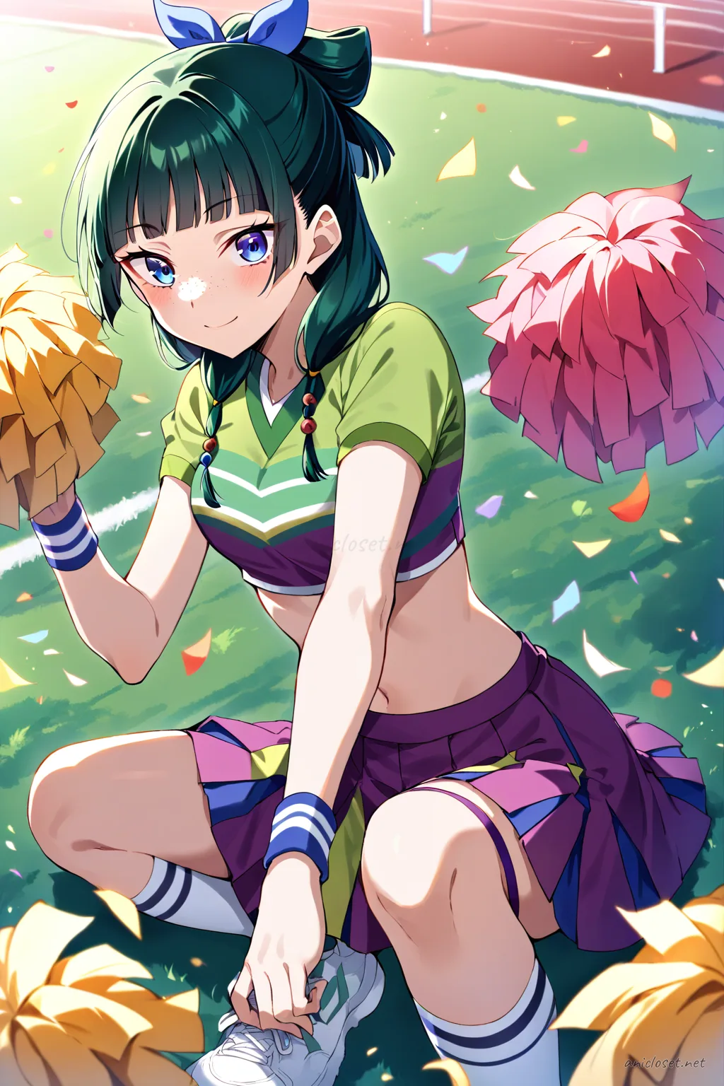 Full body illustration of Maomao in a cheer squad uniform with fitted crop jacket, short pleated skirt, knee socks, and sneakers, standing