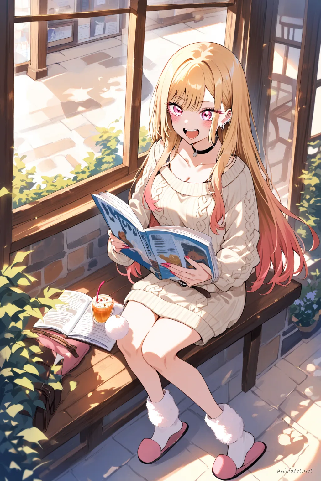 Full-body illustration of Marin Kitagawa in cream cable knit sweater dress with brown belt, fuzzy knee socks, and cream house slippers, standing against a clean studio backdrop