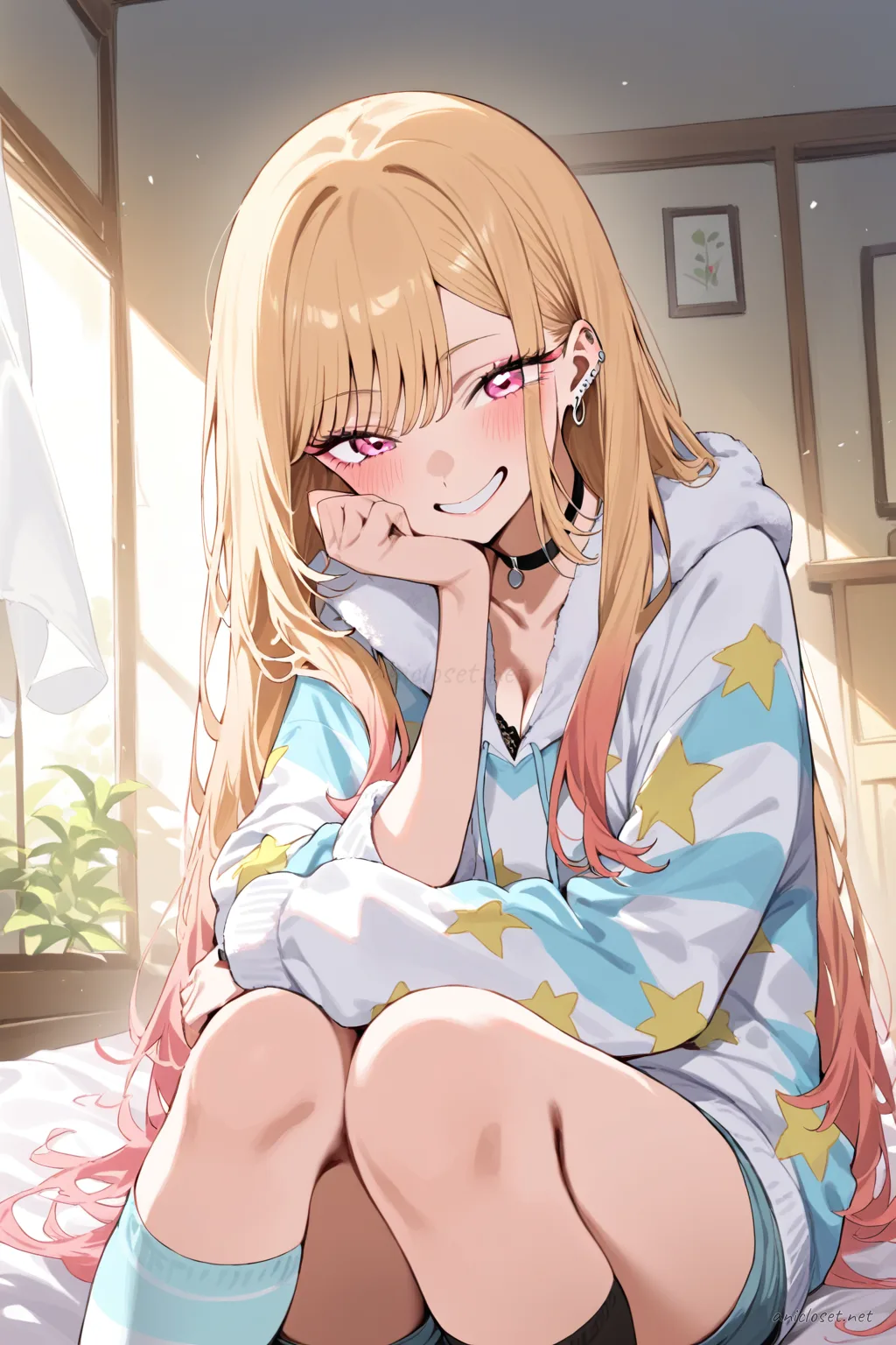 Full body illustration of Marin Kitagawa wearing pastel star print hoodie, light pink shorts, mismatched knee socks, white slippers, lying on bedroom carpet with game controller and snack bag