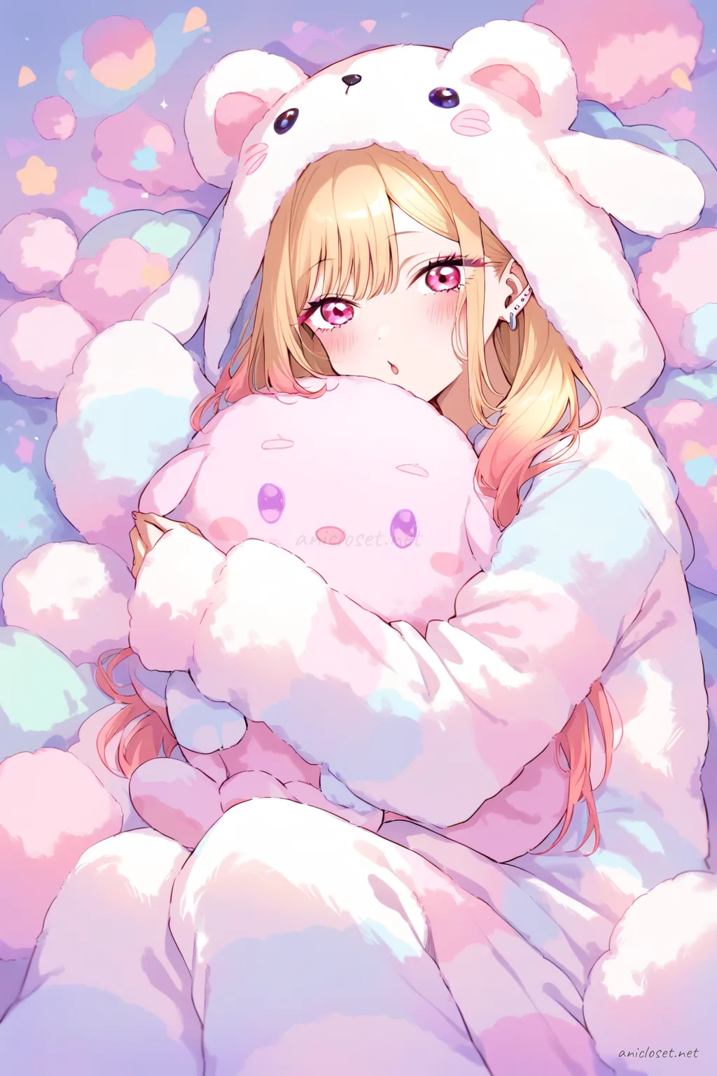 Full body illustration of Marin Kitagawa in a pastel one-piece animal kigurumi pajama with costume-ear hood and paw cuffs, holding a matching plush while seated on a cozy beanbag under fairy lights