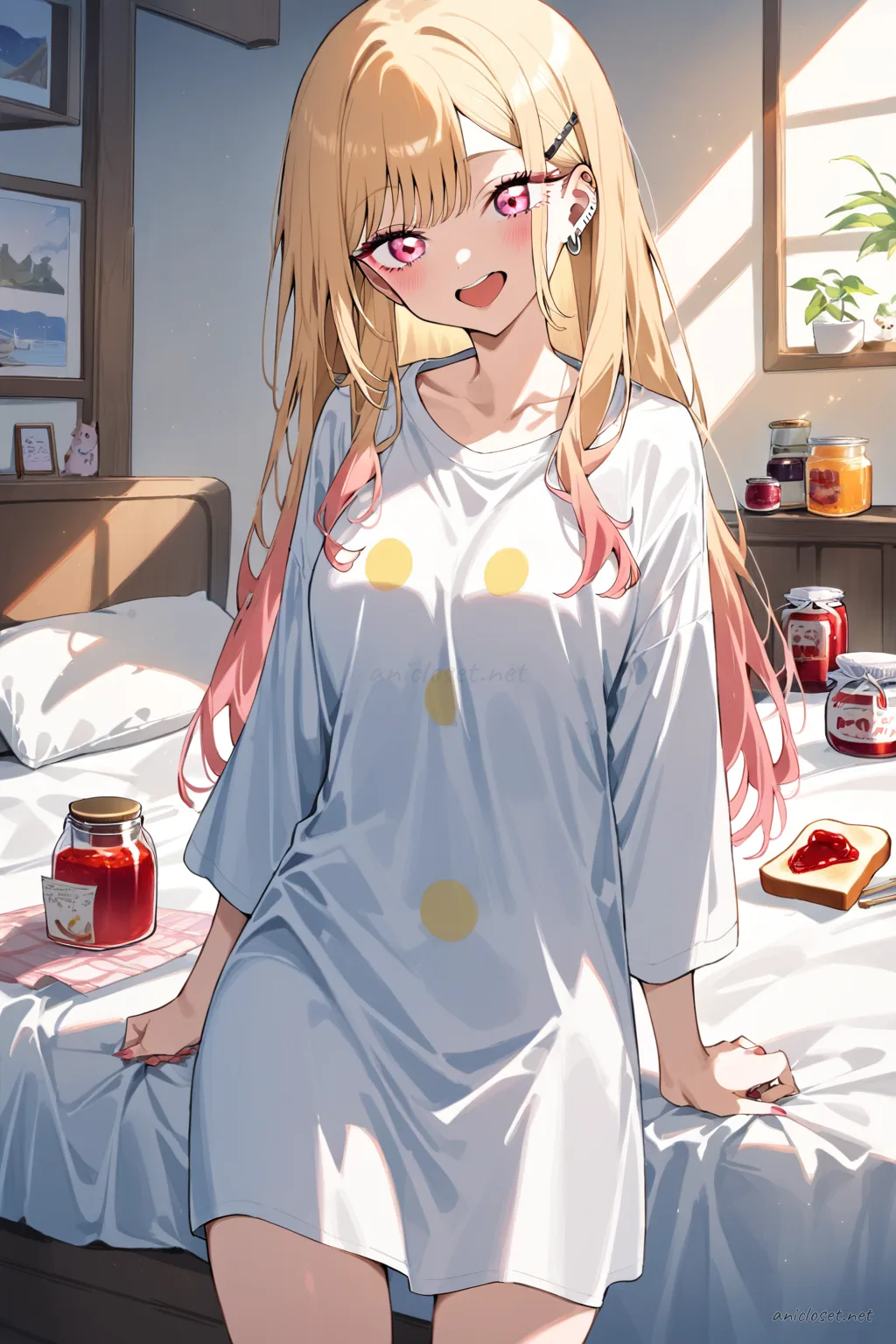 Marin Kitagawa in satin robe layered over graphic tee dress, wearing hair clip and house slippers, leaning in kitchen doorway holding toast and jam jar
