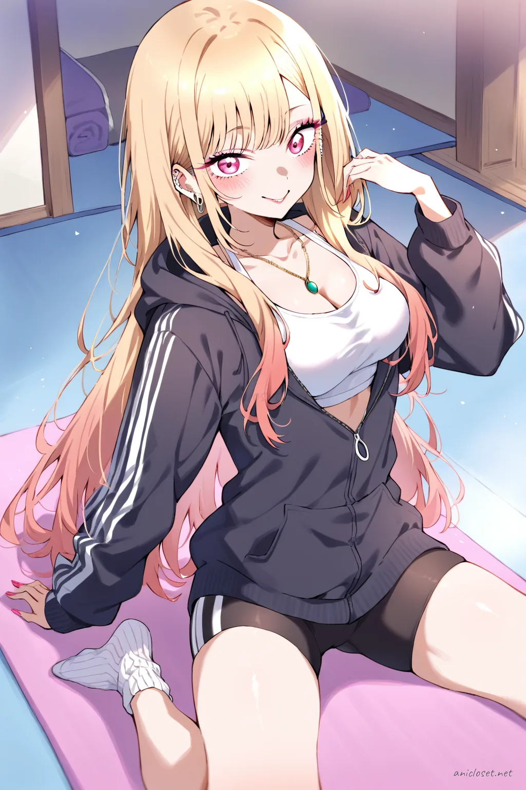 Illustration of Marin Kitagawa stretching on a yoga mat wearing a half-open zip hoodie, white sport bra top, black bike shorts, and ankle socks in a tidy living room