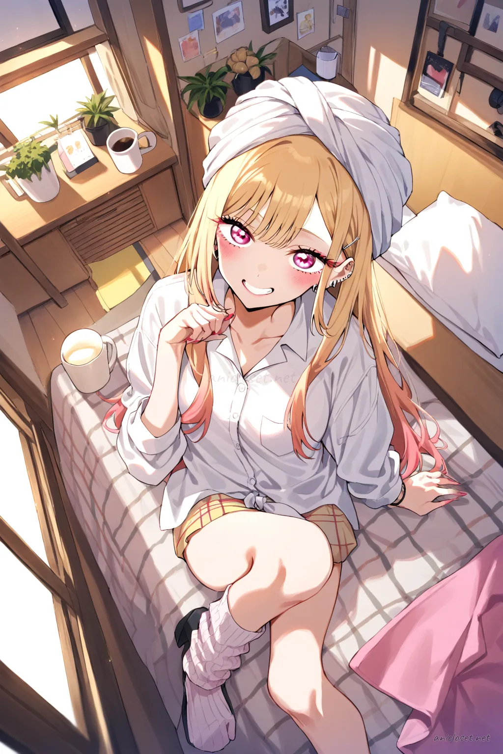 Illustration of Marin Kitagawa brushing hair at vanity mirror wearing oversized white button-up shirt, pastel pink shorts, and towel turban