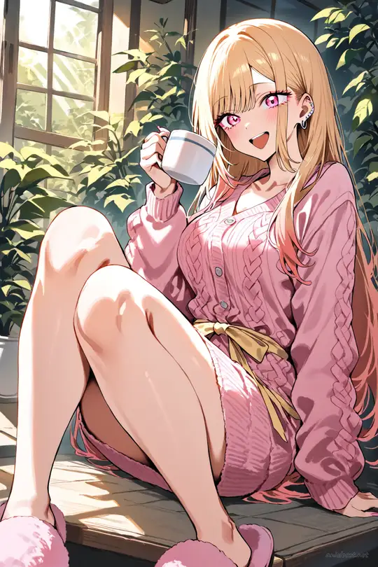 Full body illustration of Marin Kitagawa standing in a bedroom wearing a soft pink knit lounge dress with ribbon waist belt and lace trim hem, fluffy pink slippers, holding a ceramic mug, with hanging clothes and string lights in background