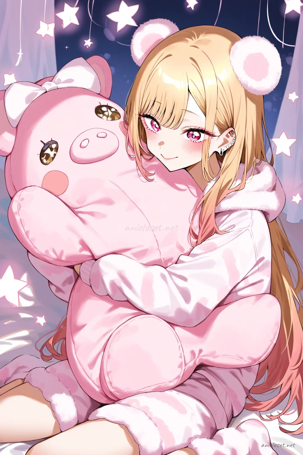 Illustration of Marin Kitagawa in pastel pink piggy pajama hoodie with plush ears, matching shorts, fuzzy white socks, layered white long sleeve shirt, holding a soft pastel blanket in a living room setting