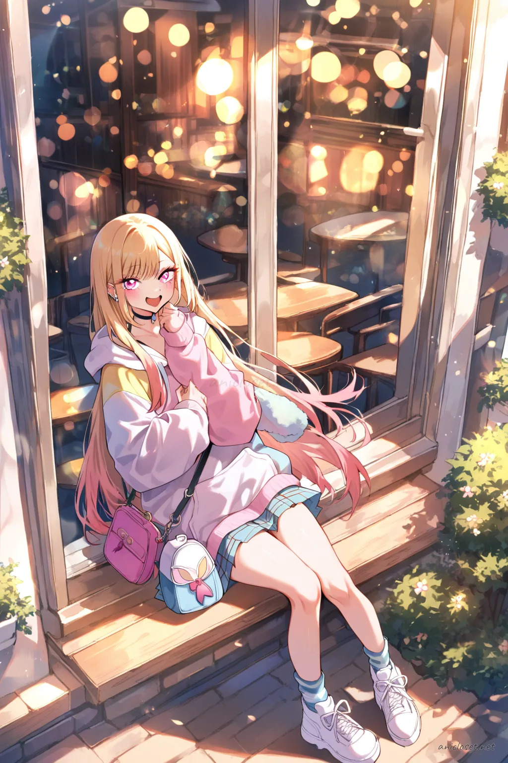 Full body illustration of Marin Kitagawa walking mid-stride on a sunlit shopping street wearing an oversized pastel hoodie, pleated mini skirt, striped thighhigh socks, white sneakers, and a crossbody bag