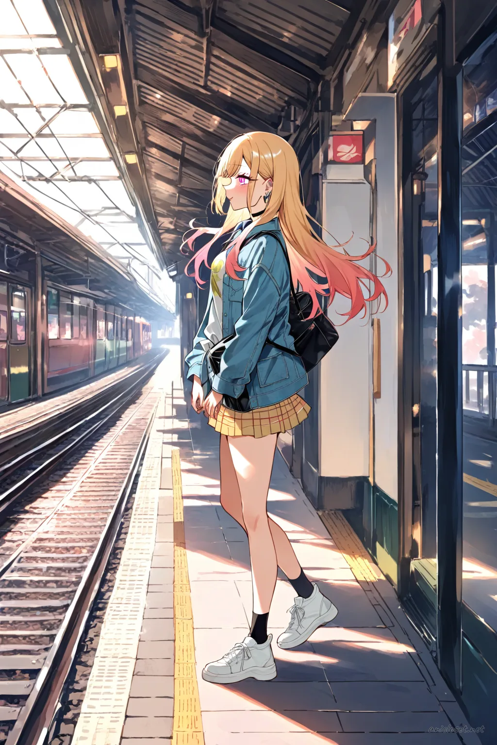 Illustration of Marin Kitagawa in profile wearing washed denim jacket, graphic tee, black mini skirt, chunky white sneakers, and crossbody bag at a city crosswalk