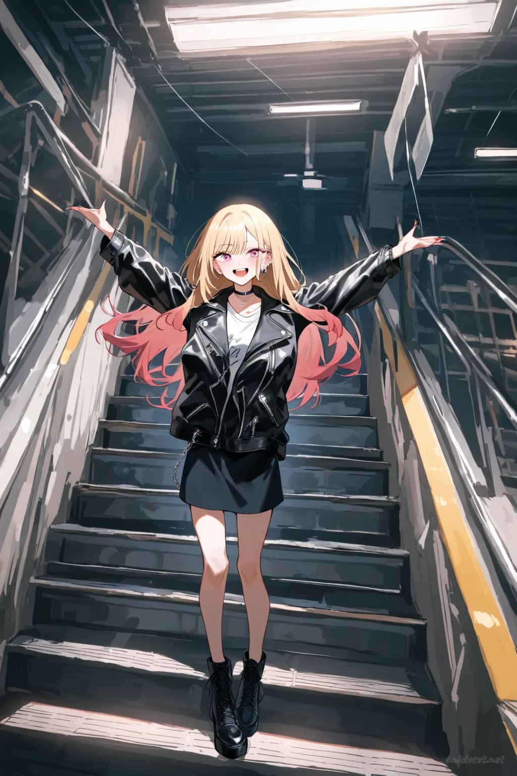 Full body illustration of Marin Kitagawa wearing black leather jacket, white graphic tee, black skinny jeans, and black combat boots, leaning on a metal railing on a residential street at dusk