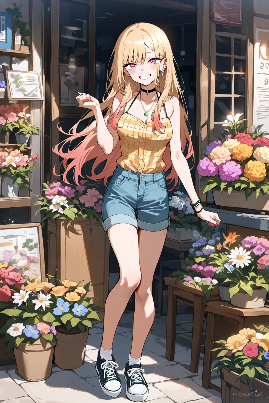 Full body illustration of Marin Kitagawa sitting on a curb wearing a plaid shirt over a camisole, denim shorts, low-cut sneakers, with cherry trees and park path behind