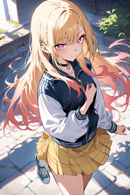Illustration of Marin Kitagawa wearing a cropped varsity jacket, ribbed tank top, micro tennis skirt, crew socks, and sneakers, leaning on a skate-park rail in soft late sun