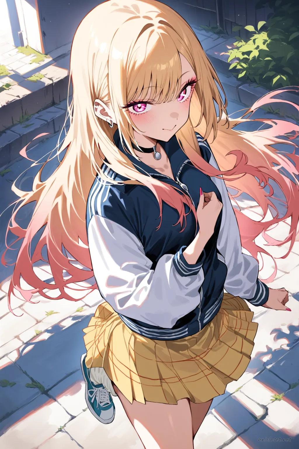Illustration of Marin Kitagawa wearing a cropped varsity jacket, ribbed tank top, micro tennis skirt, crew socks, and sneakers, leaning on a skate-park rail in soft late sun
