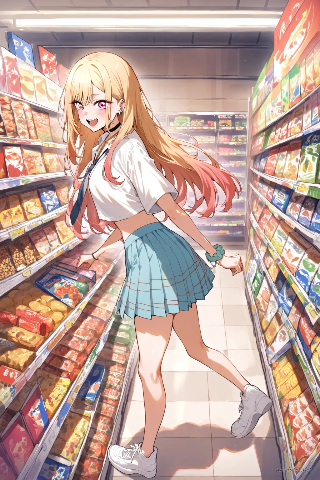 Illustration of Marin Kitagawa in a white cropped tee, pleated tennis skirt, white sneakers, and pastel scrunchie, posing in an open plaza with pigeons under a bright sky