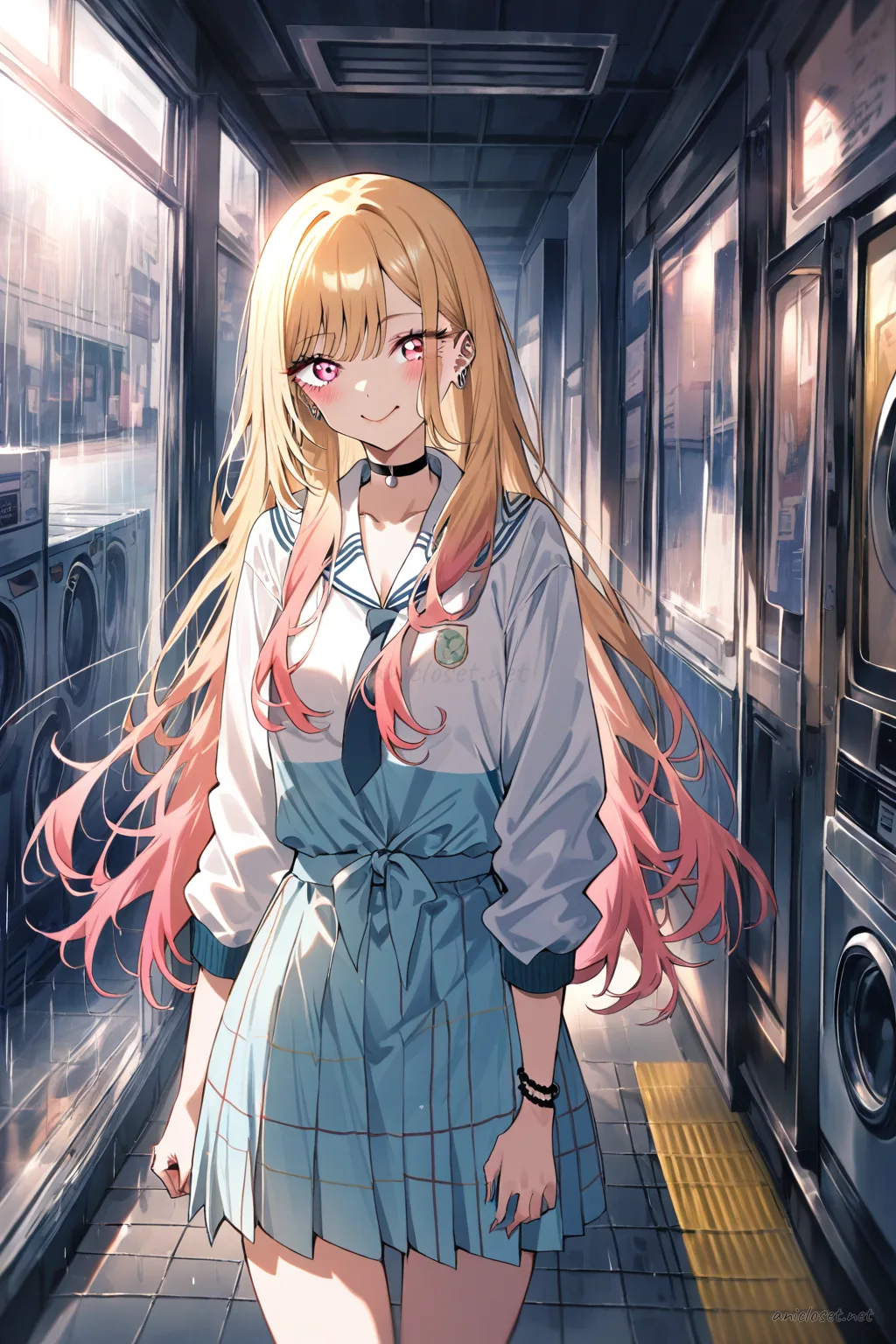 Illustration of Marin Kitagawa in a cropped bomber jacket and short tennis skirt posing near elevated train tracks under soft overcast city light