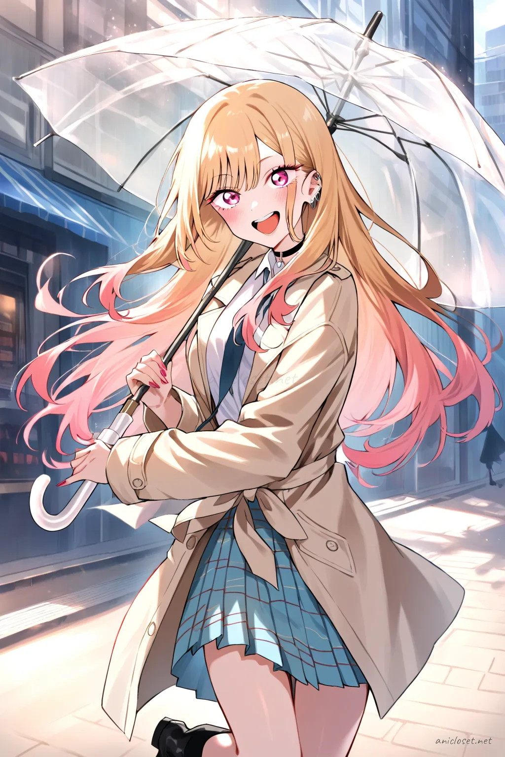 Full-body illustration of Marin Kitagawa in a pastel beige trench coat with ribbon belt, pleated skirt, mid-calf boots, holding a clear umbrella on a rainy urban street