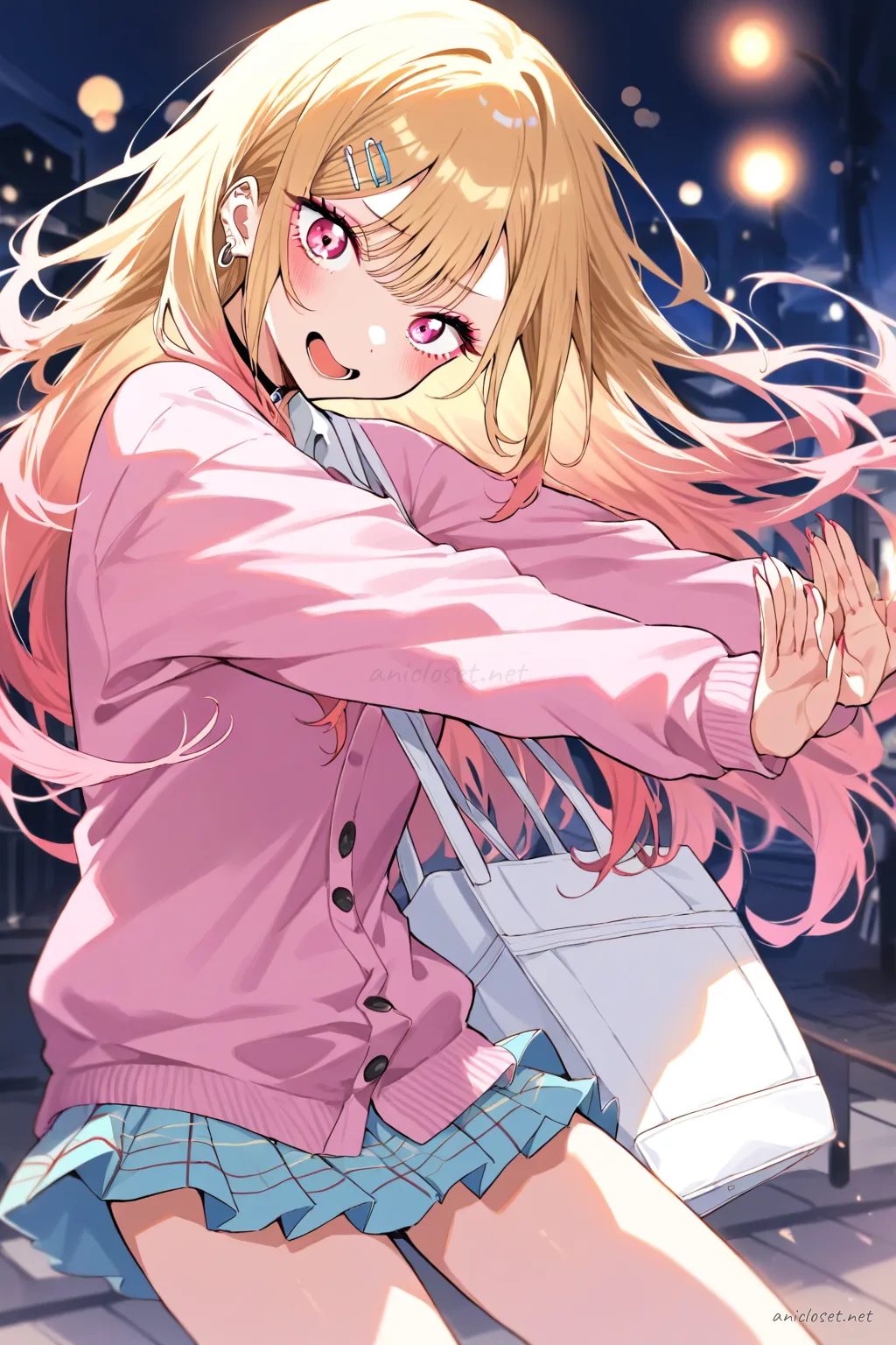 Illustration of Marin Kitagawa seated by a cafe window wearing a pastel pink cardigan, white mini skirt, white tote bag, and pastel hair clips with a latte on the table