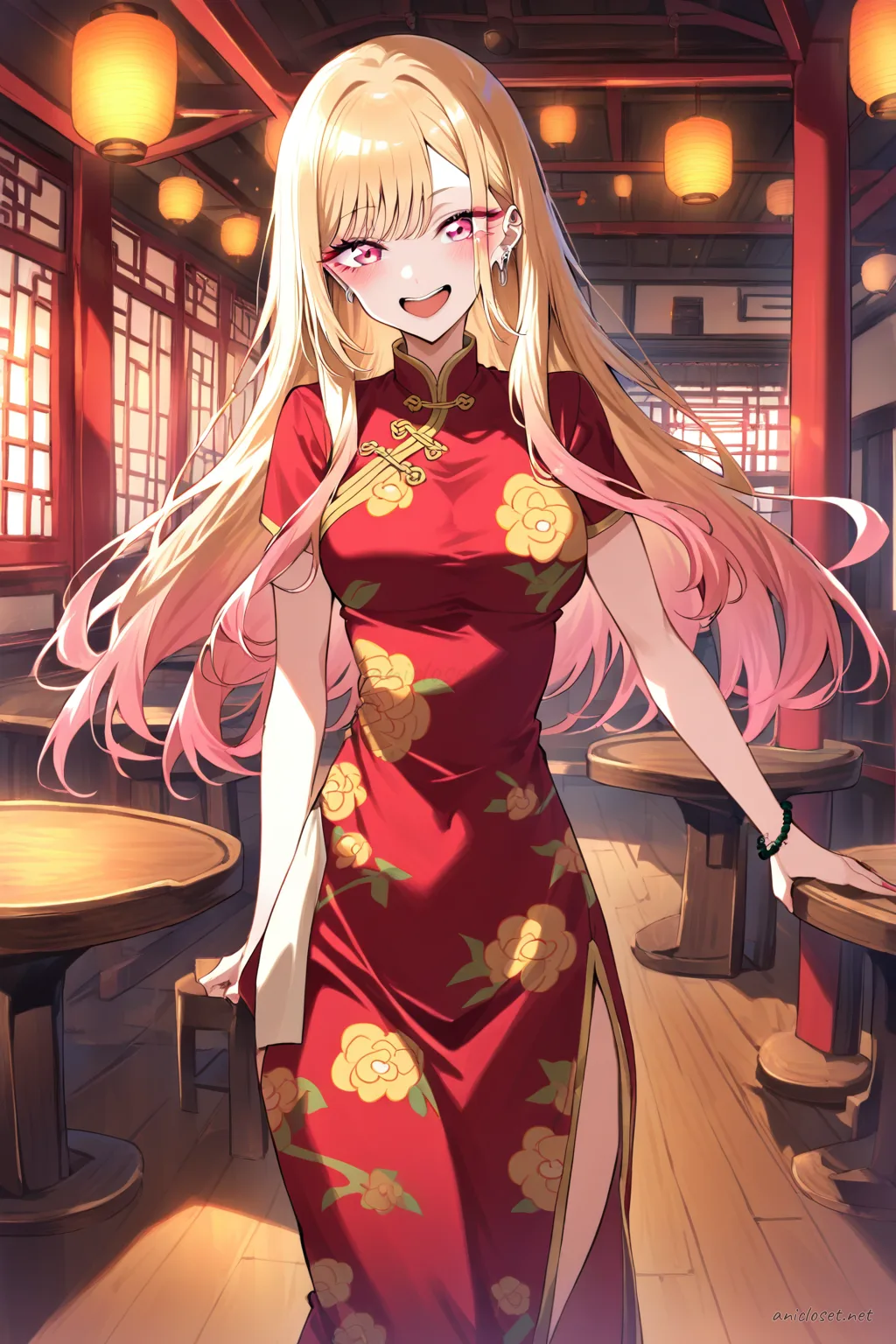 Illustration of Marin Kitagawa in a classic red qipao with gold trim, frog buttons, and a modest hem
