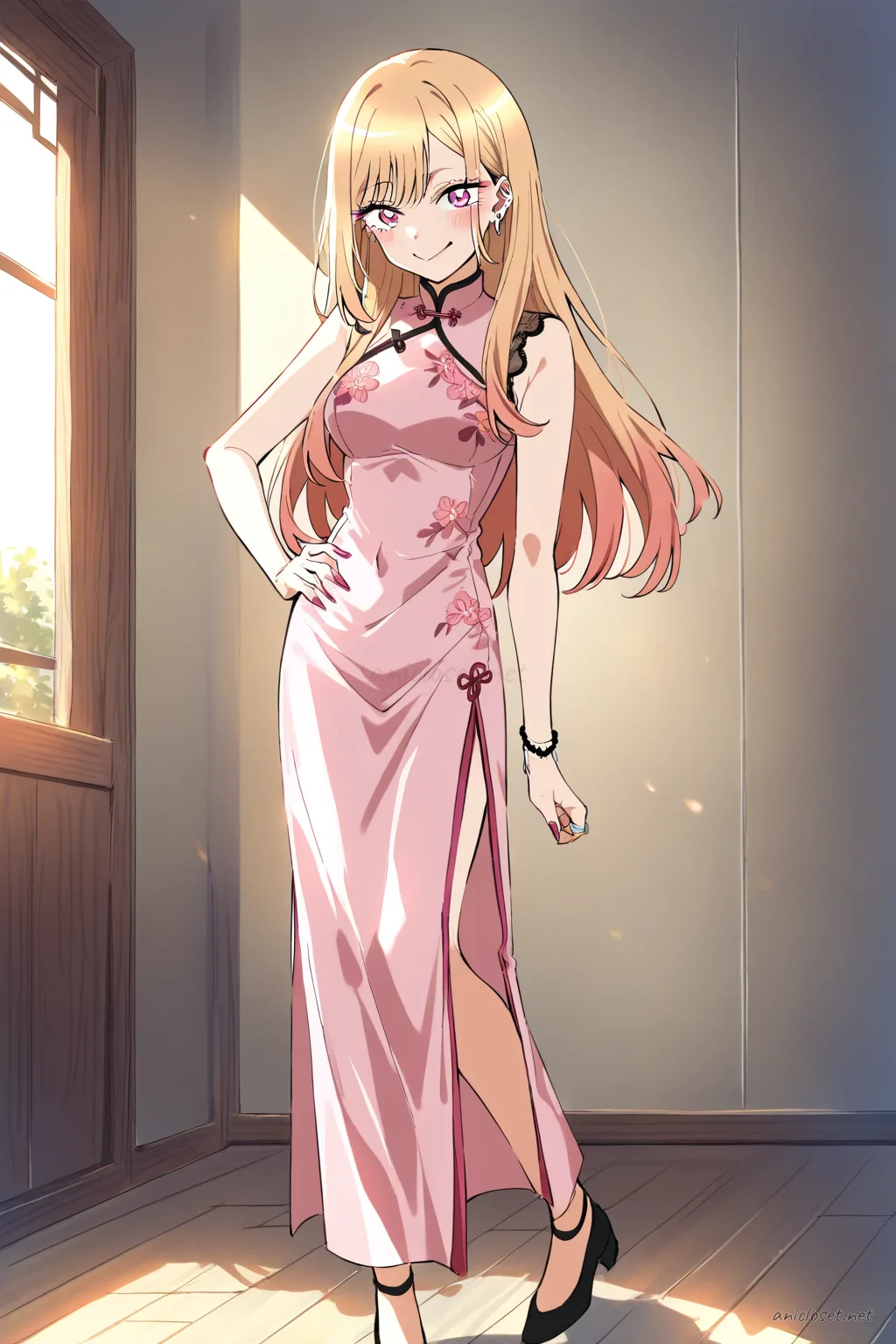 Illustration of Marin Kitagawa in navy cheongsam with floral embroidery and side slits