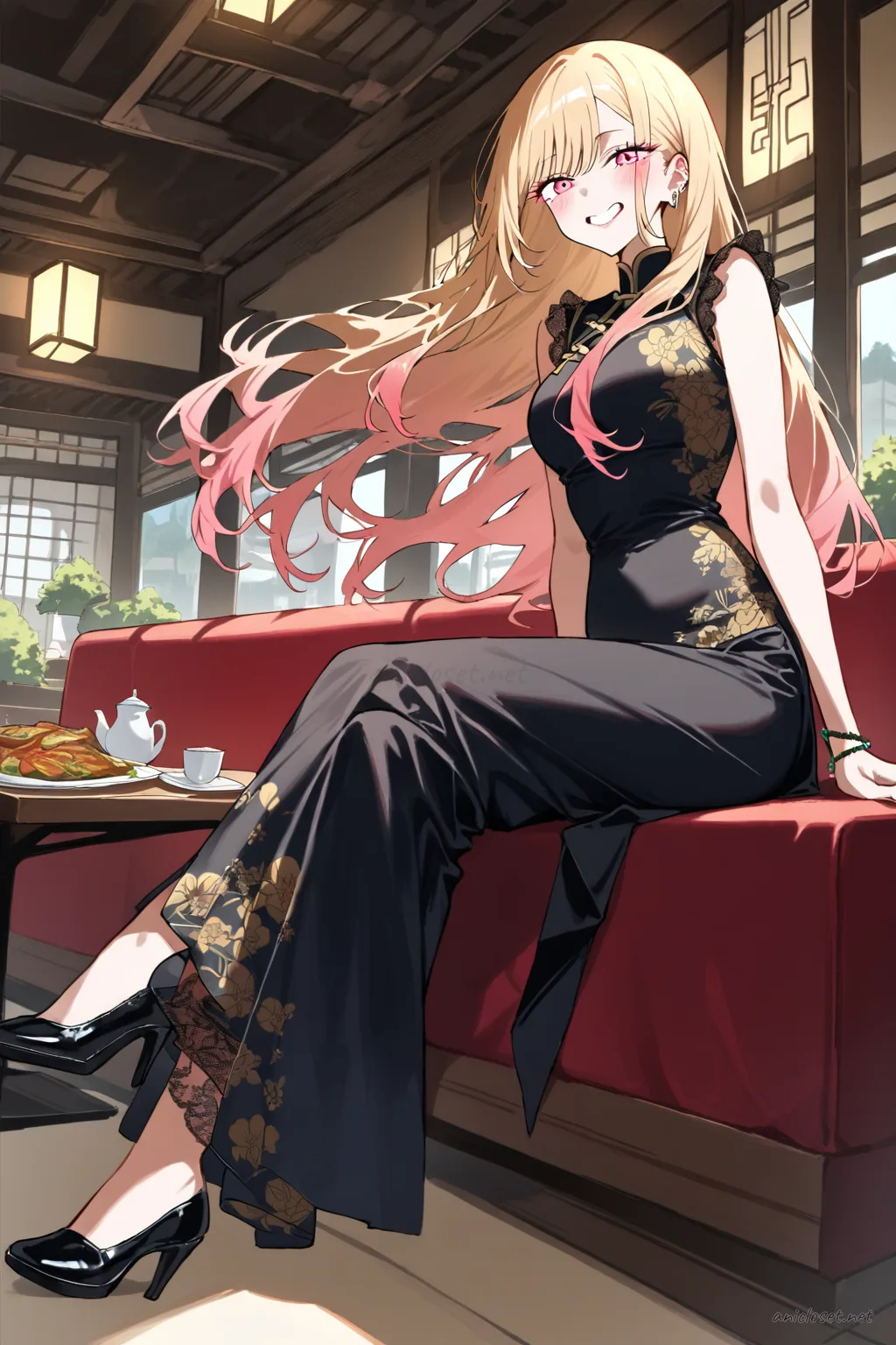 Illustration of Marin Kitagawa in a black gothic qipao with high collar, lace panels, and slit skirt