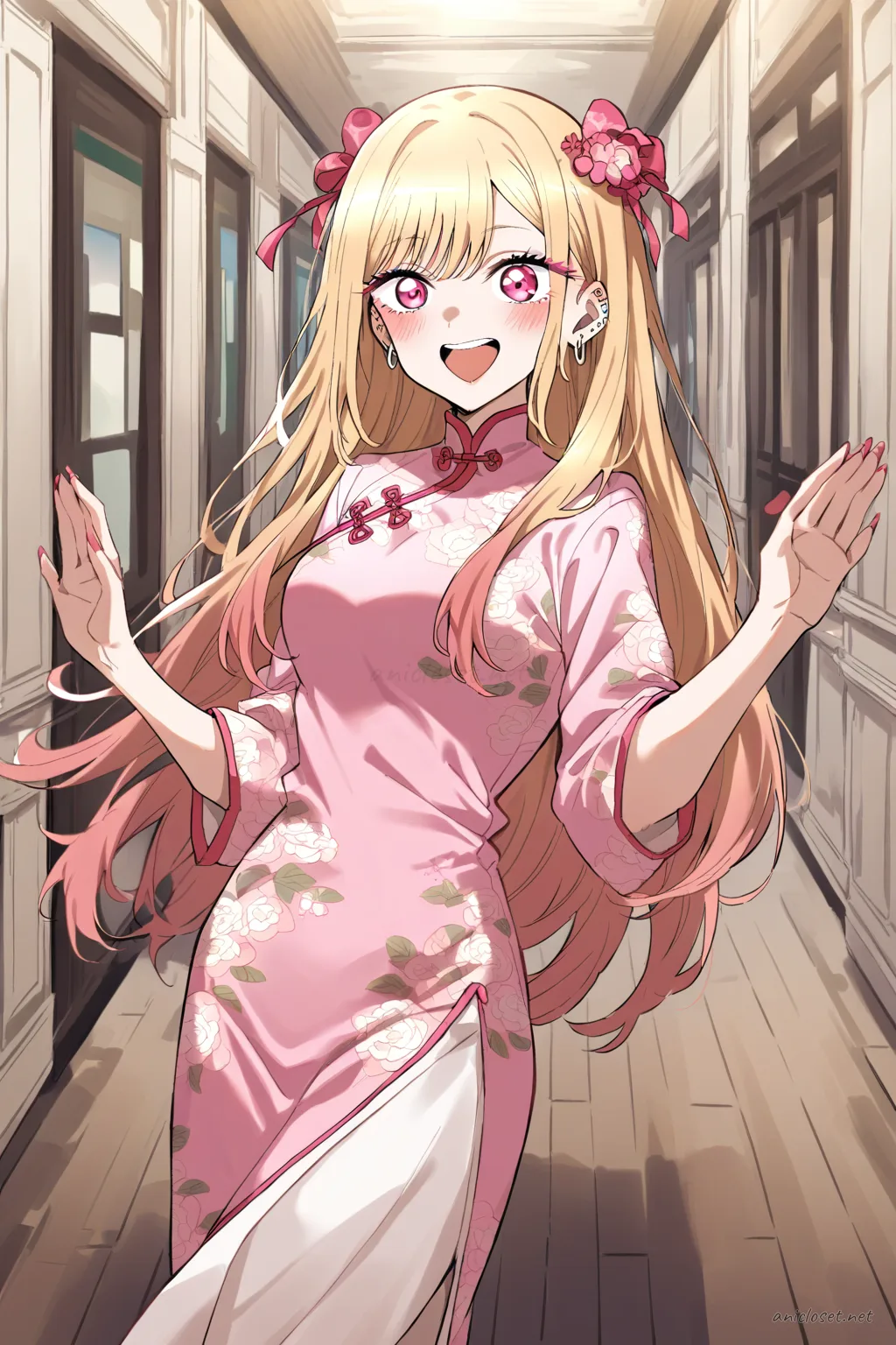 Illustration of Marin Kitagawa in pastel pink China dress with floral embroidery, mandarin collar, side slit, lace trim, and hair ribbon