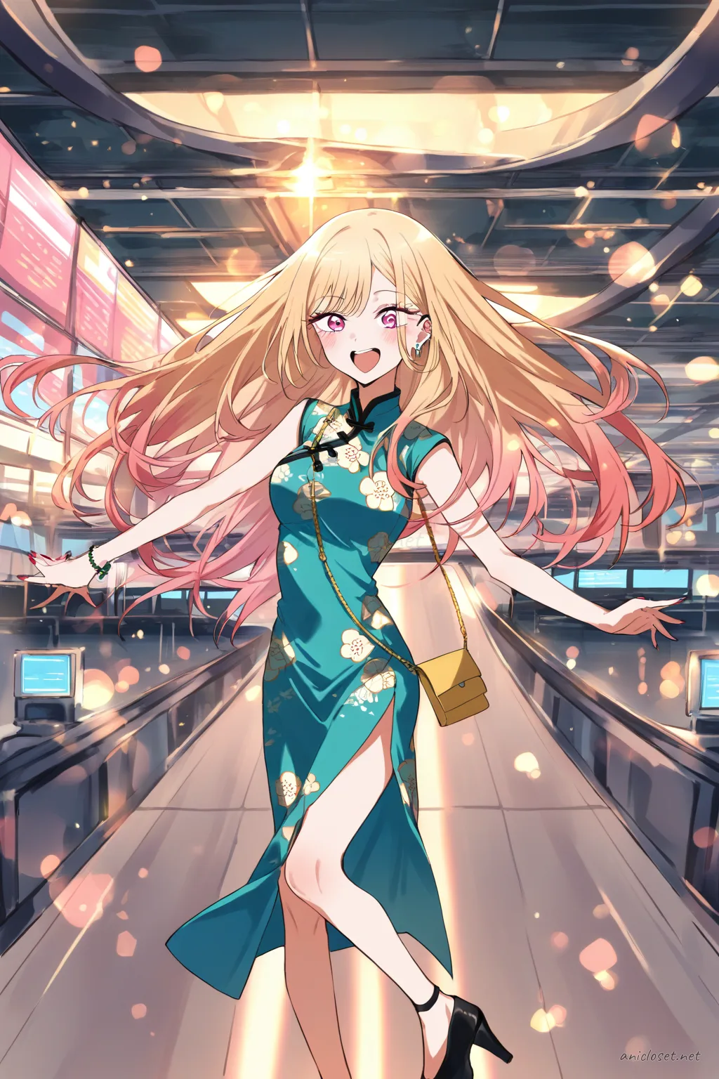 Illustration of Marin Kitagawa wearing a modern short teal qipao dress with side slit and mandarin collar, paired with high heels and a small handbag