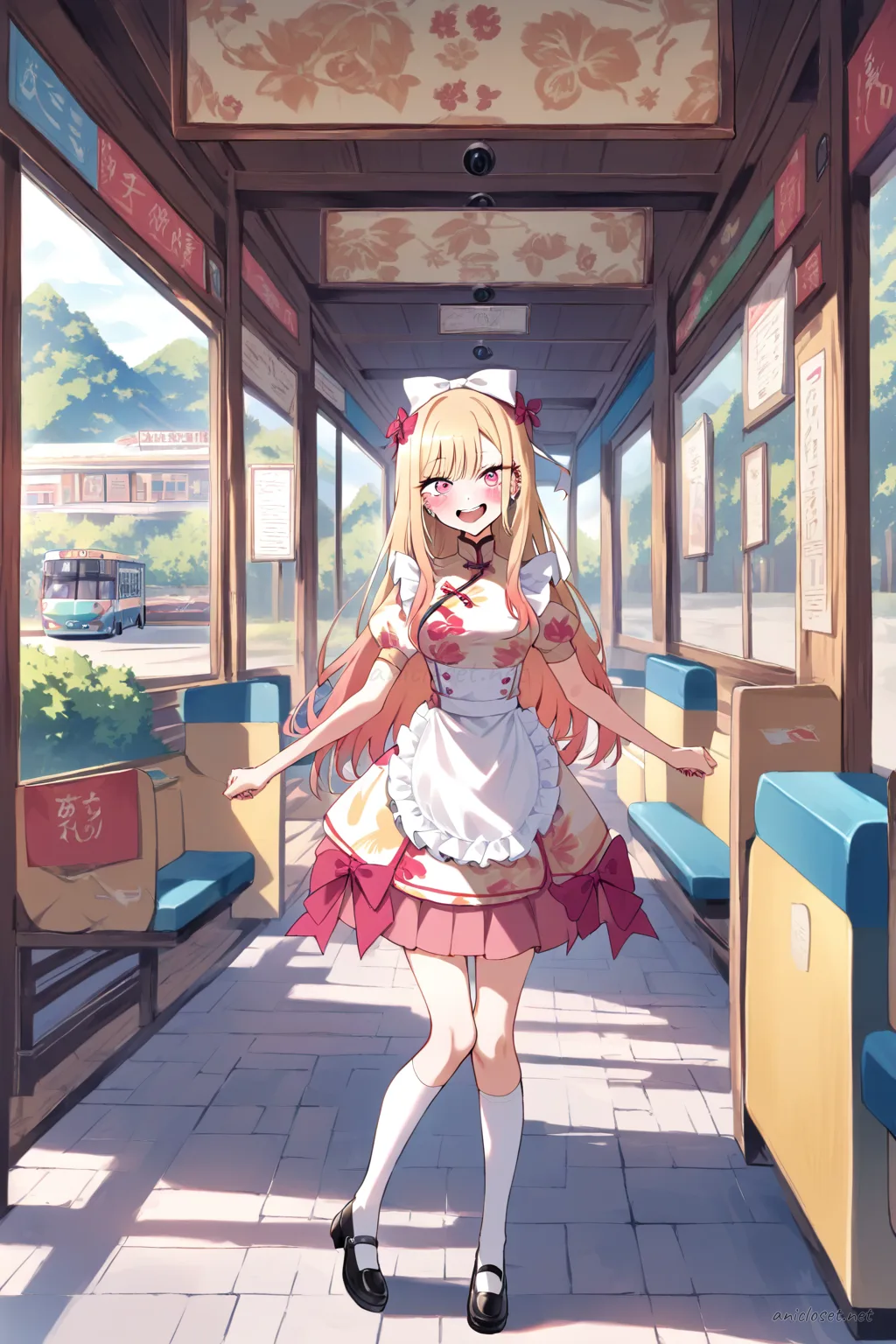 Illustration of Marin Kitagawa wearing a short qipao dress with white frilled apron and bow headband