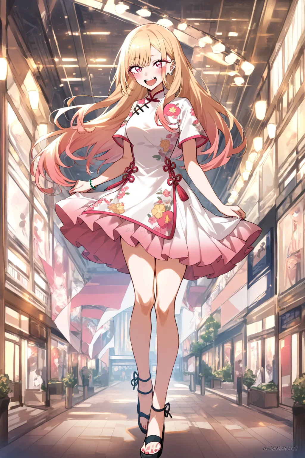 Full body illustration of Marin Kitagawa wearing a short-sleeve summer qipao with floral embroidery, airy flared hem, side slits, ankle strap sandals, and a delicate anklet