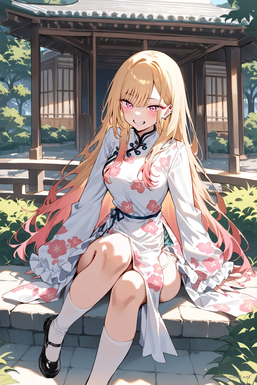 Illustration of Marin Kitagawa wearing a high collar China dress with frilled hem and jade charm accessories