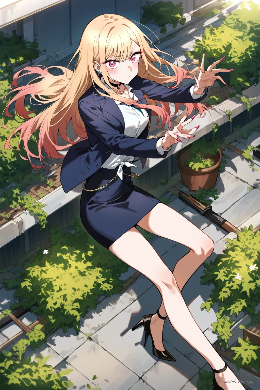 Illustration of Marin Kitagawa in a wine sheath dress under an open blazer, slim belt, and pointed heels, sitting on a desk edge holding a coffee cup in an office.