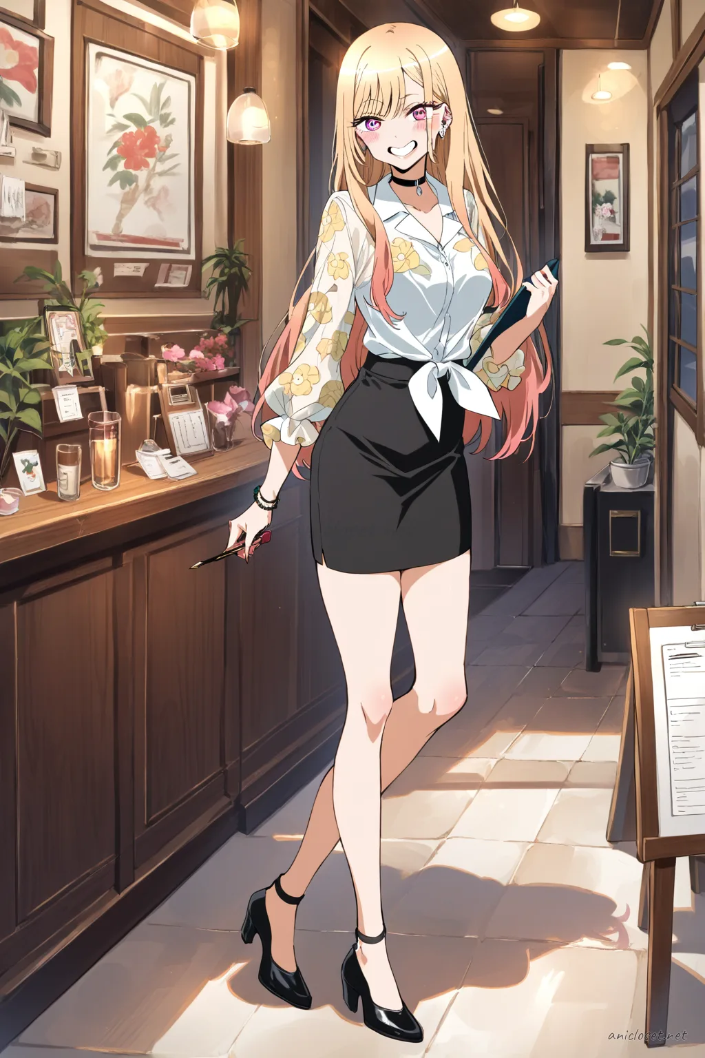 Illustration of Marin Kitagawa standing in a bright conference room wearing a white blouse with sheer sleeves tucked into a black midi pencil skirt and black pumps, holding a clipboard