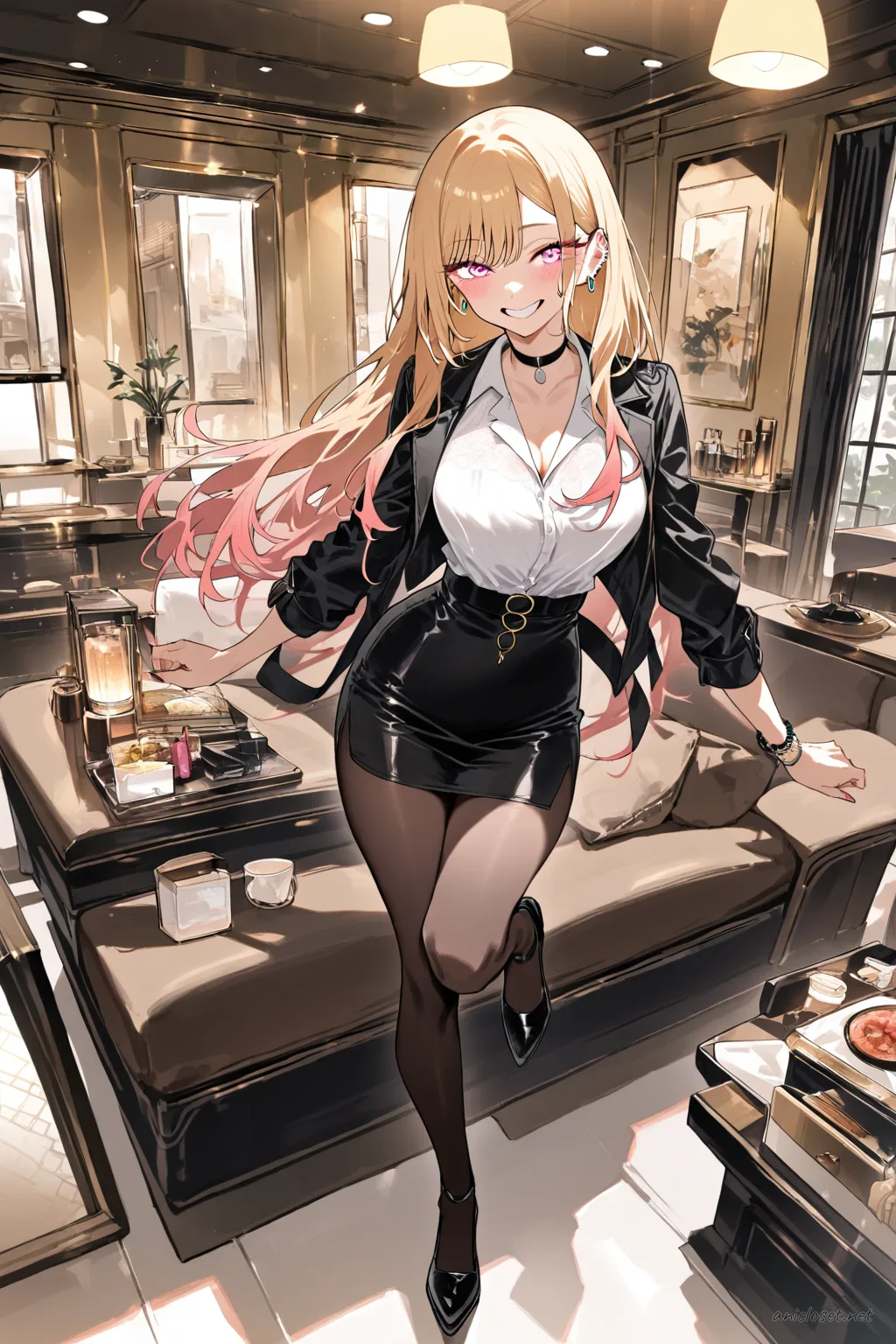 Illustration of Marin Kitagawa in a black peplum jacket and slim pencil skirt set, wearing statement earrings and black pumps, posing with hip hand in night city office lights