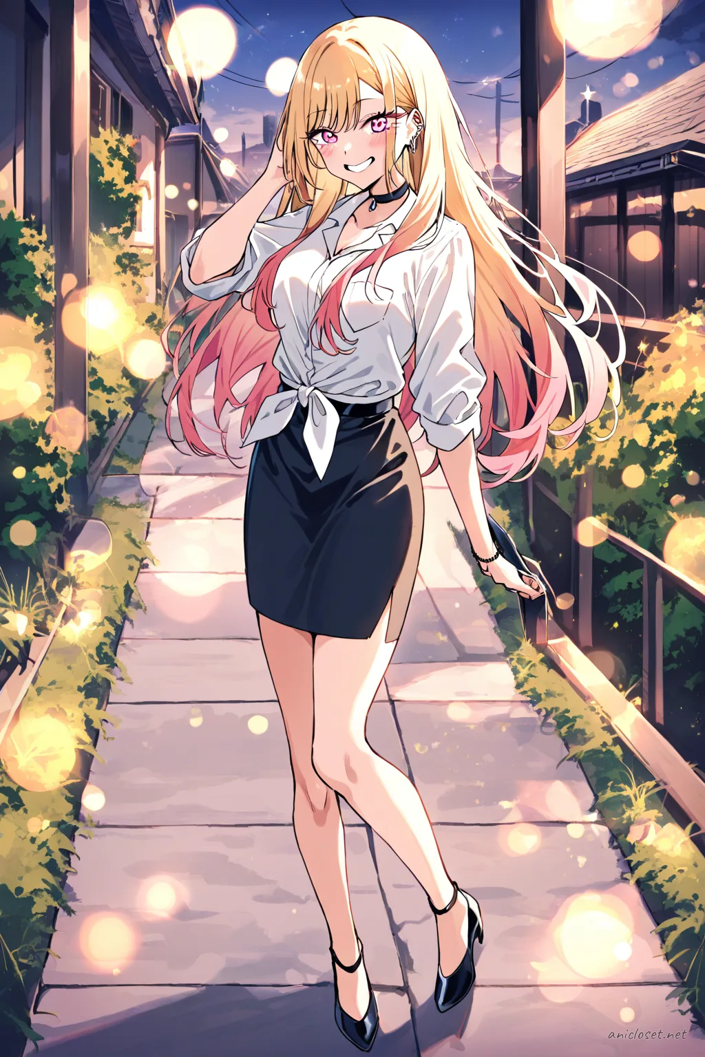 Marin Kitagawa in navy wrap blouse and knee-length pencil skirt, standing on office balcony with wind blowing her hair