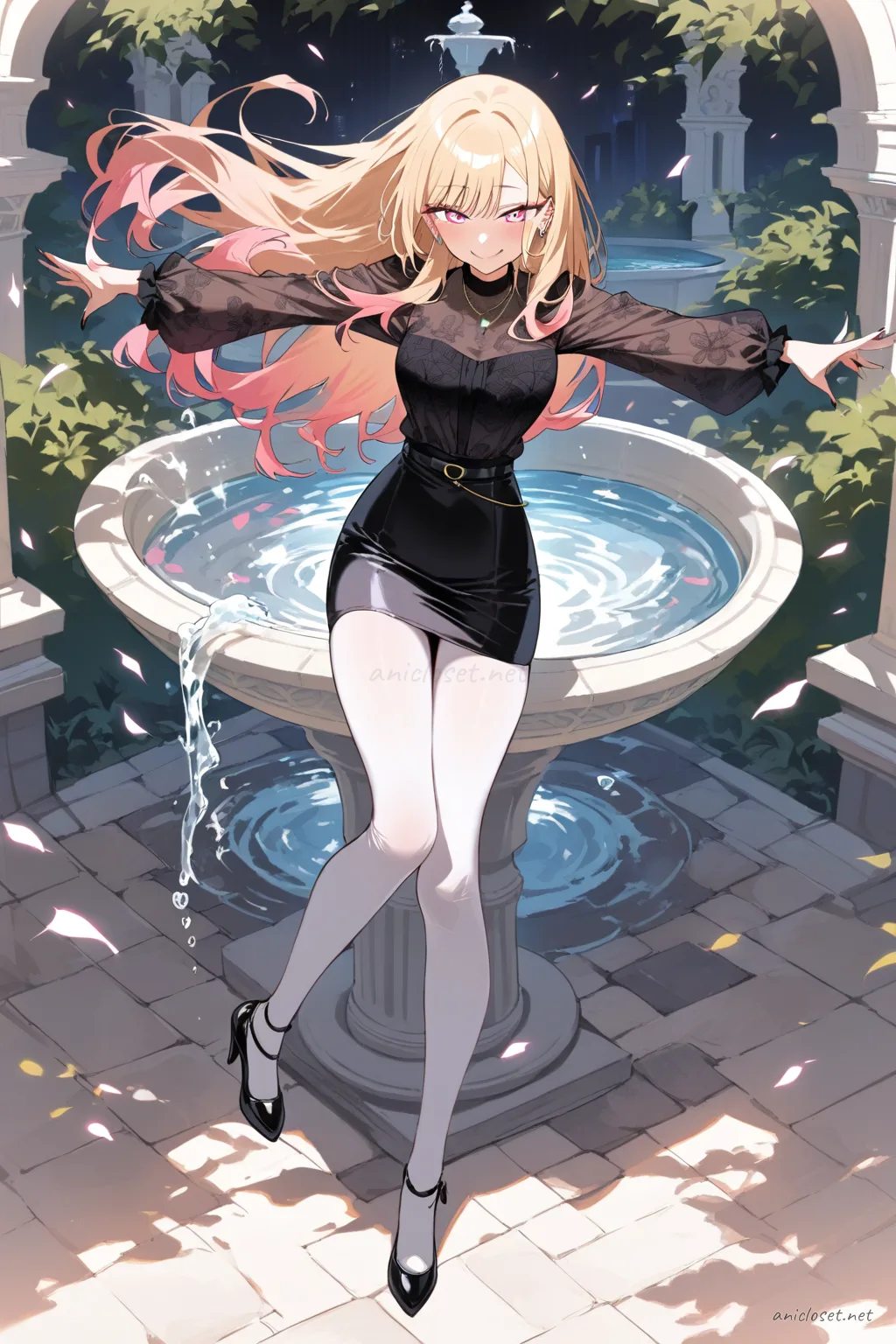 Illustration of Marin Kitagawa in formal attire with black blouse, high-waist pencil skirt, opaque tights, and heels, posed by hotel lounge