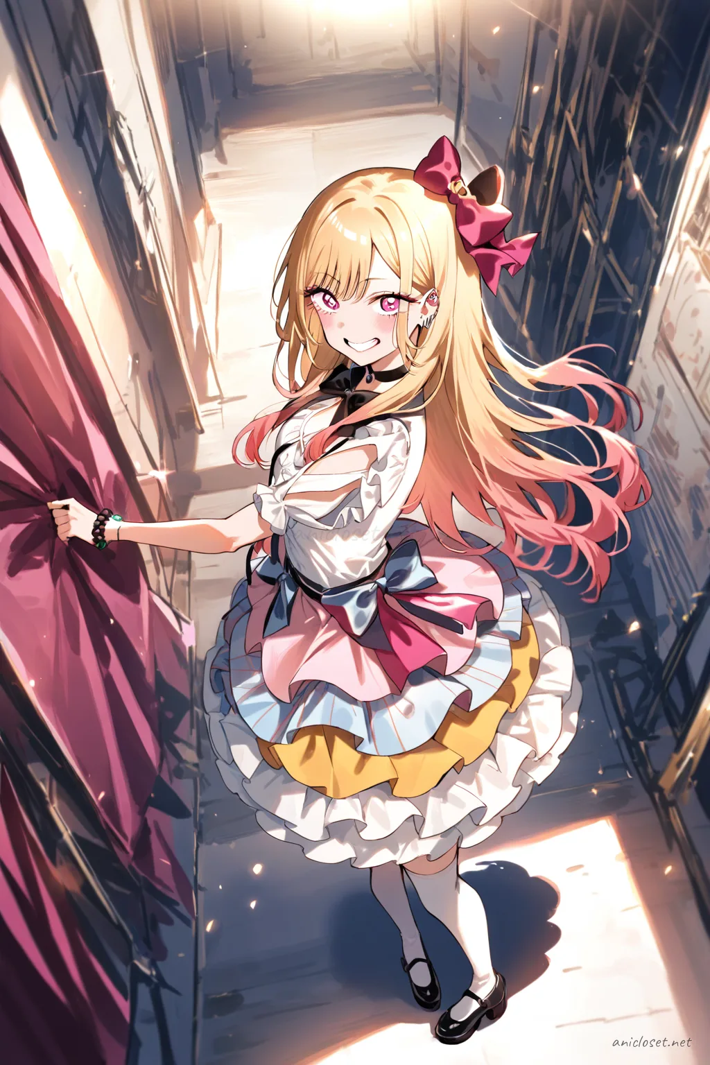 Full body illustration of Marin Kitagawa in a frilly idol mini dress with layered skirt, stage bow, white thighhigh socks with ribbon tops, and mary jane shoes, viewed from above