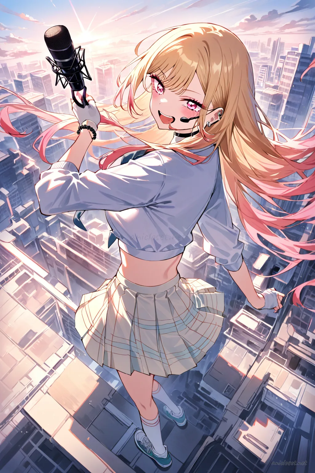 Full body front view illustration of Marin Kitagawa wearing a sporty crop top, pleated tennis skirt, fingerless gloves, thigh-high athletic socks, sneakers, and a headset microphone