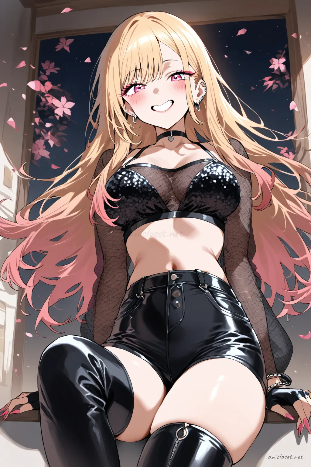 Illustration of Marin Kitagawa wearing a black sequin crop top, high-waisted leather shorts, sheer mesh sleeves, fingerless gloves, thigh-high boots, and choker