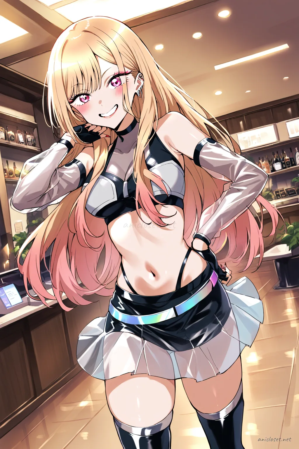 Full body illustration of Marin Kitagawa in a futuristic idol costume with glossy panels, sheer sleeves, thigh-high boots, and ribbon choker, standing