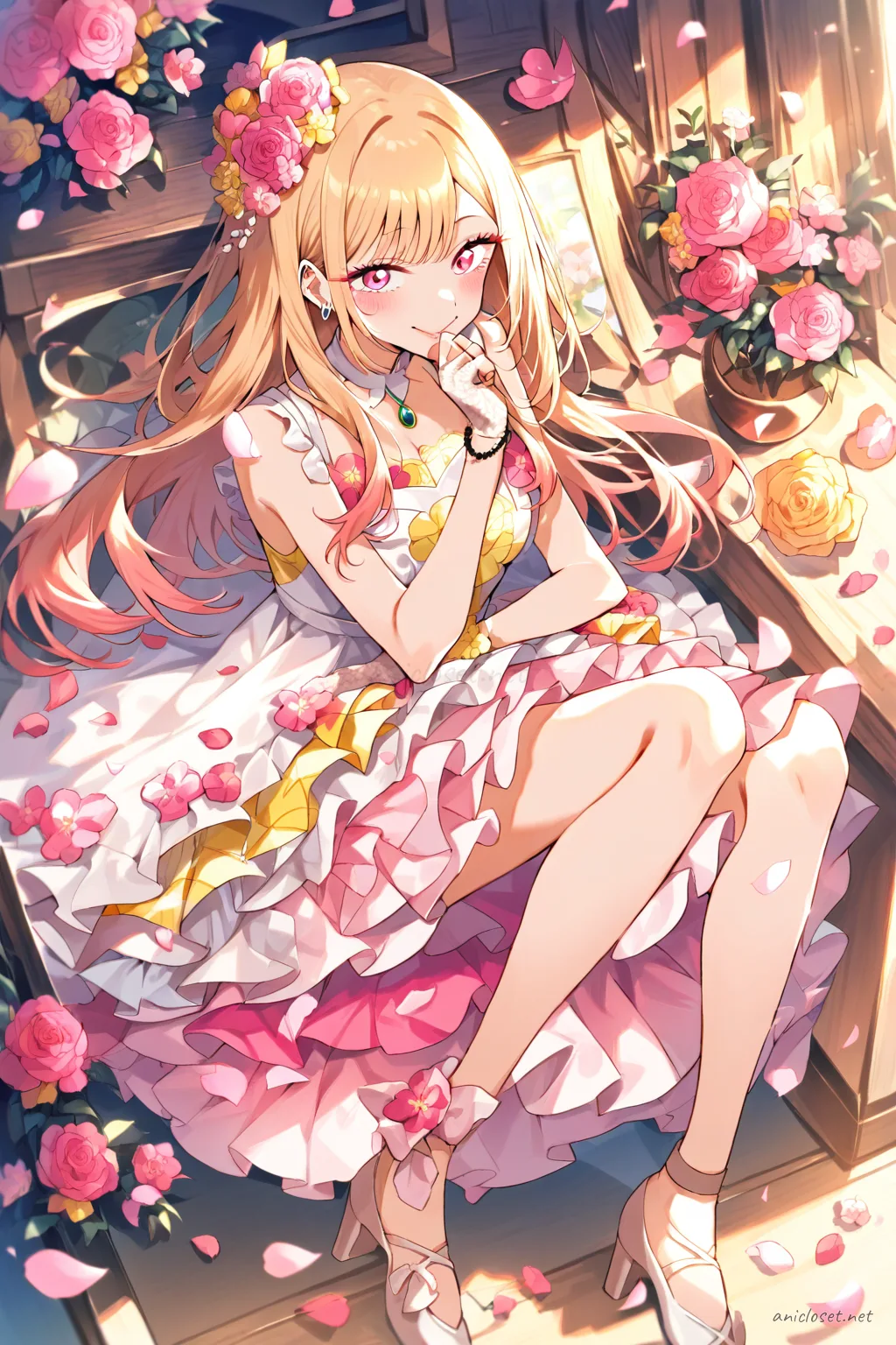 Marin Kitagawa in a sleeveless flower motif idol dress with petal layered skirt and bright pink and yellow colors, front cowboy shot