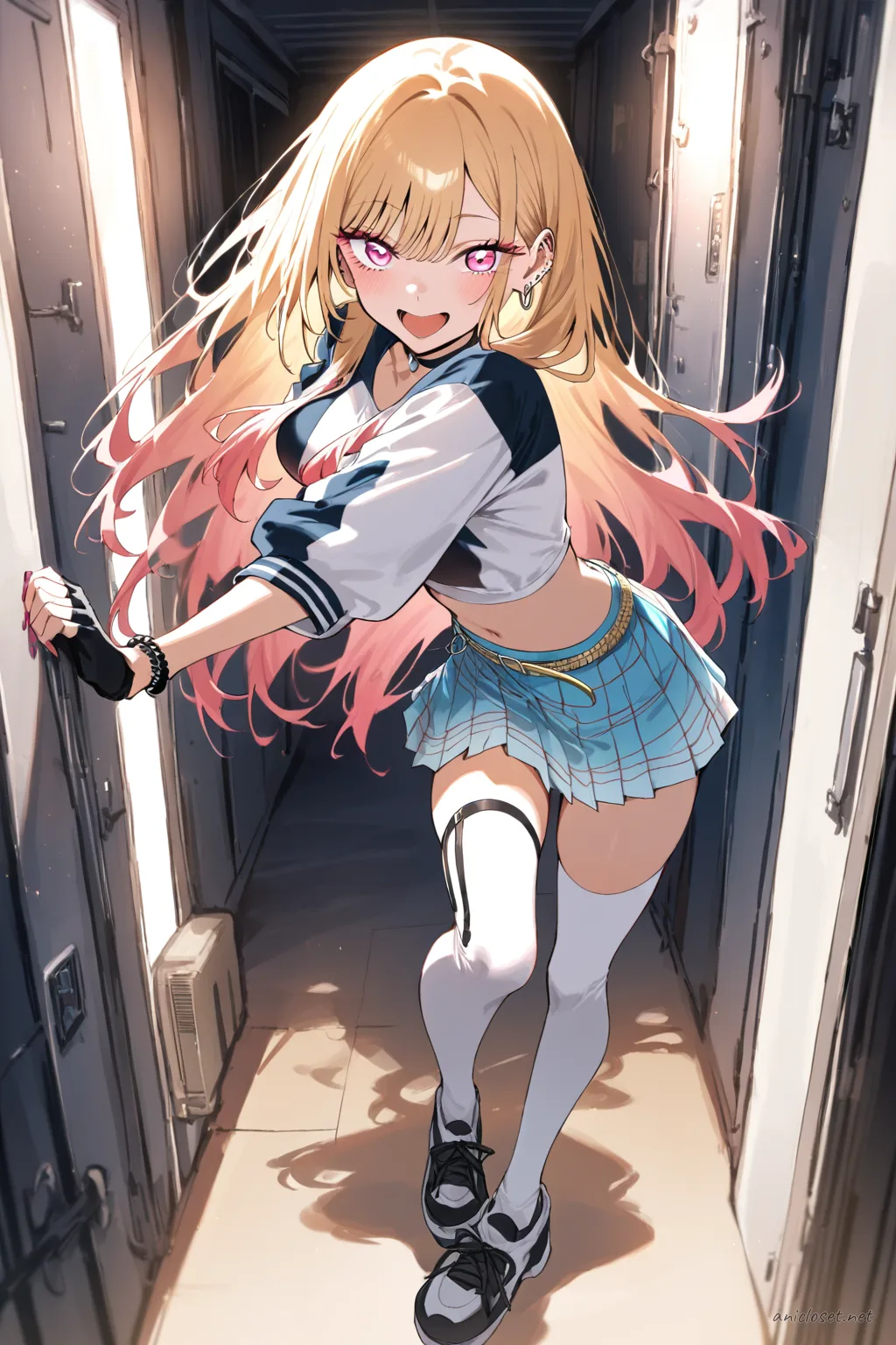 Full body front view of Marin Kitagawa in group-dance idol unit outfit with matching crop top, pleated mini skirt, thigh-high stockings, fingerless gloves, platform sneakers, and metallic belt