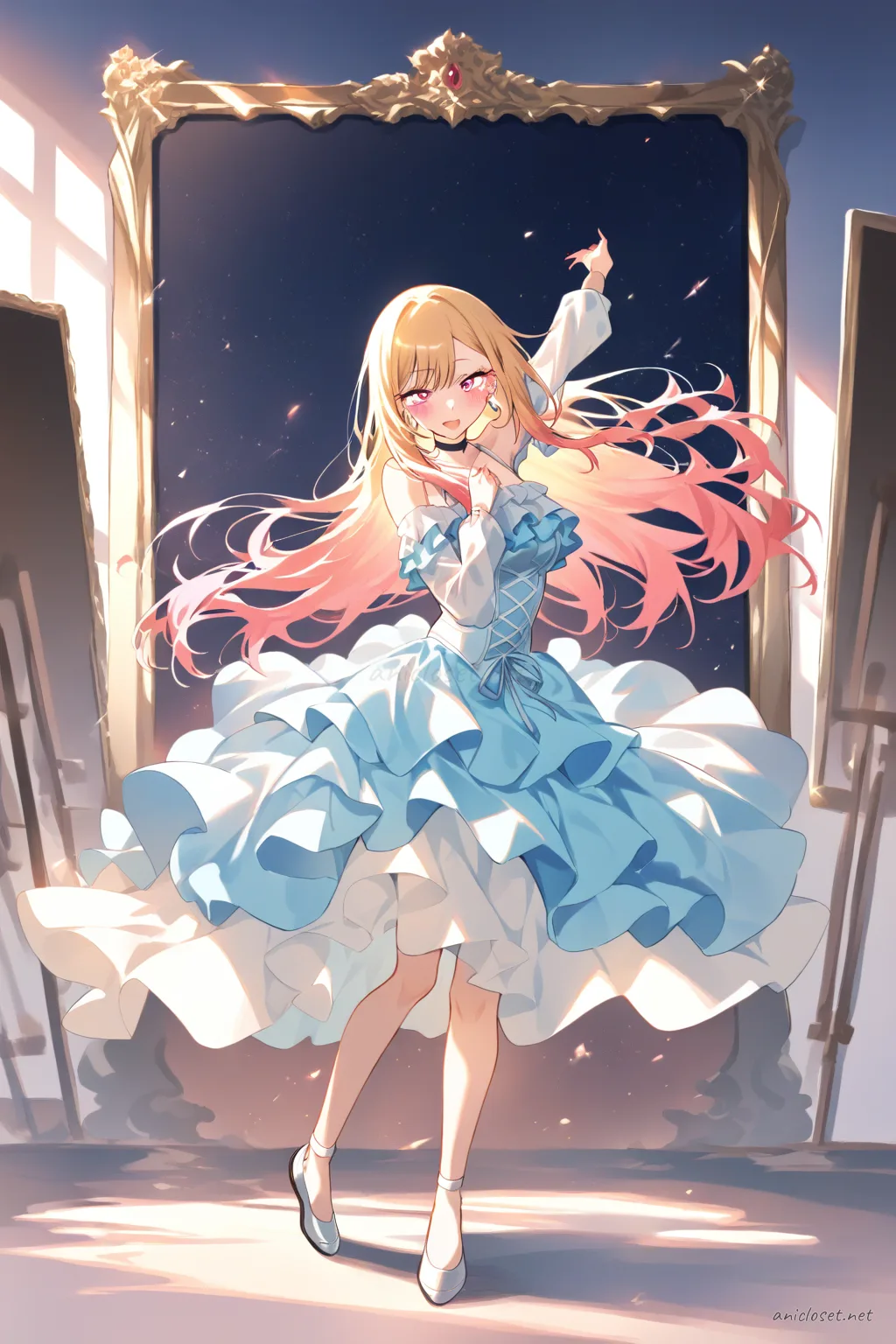 Illustration of Marin Kitagawa wearing a pastel blue encore ballad midi dress with off-shoulder sleeves and hair ribbons