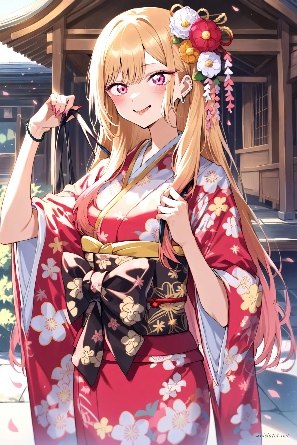 Illustration of Marin Kitagawa wearing a bright furisode kimono with large floral patterns, oversized obi bow, and flower kanzashi, shown in a front cowboy shot