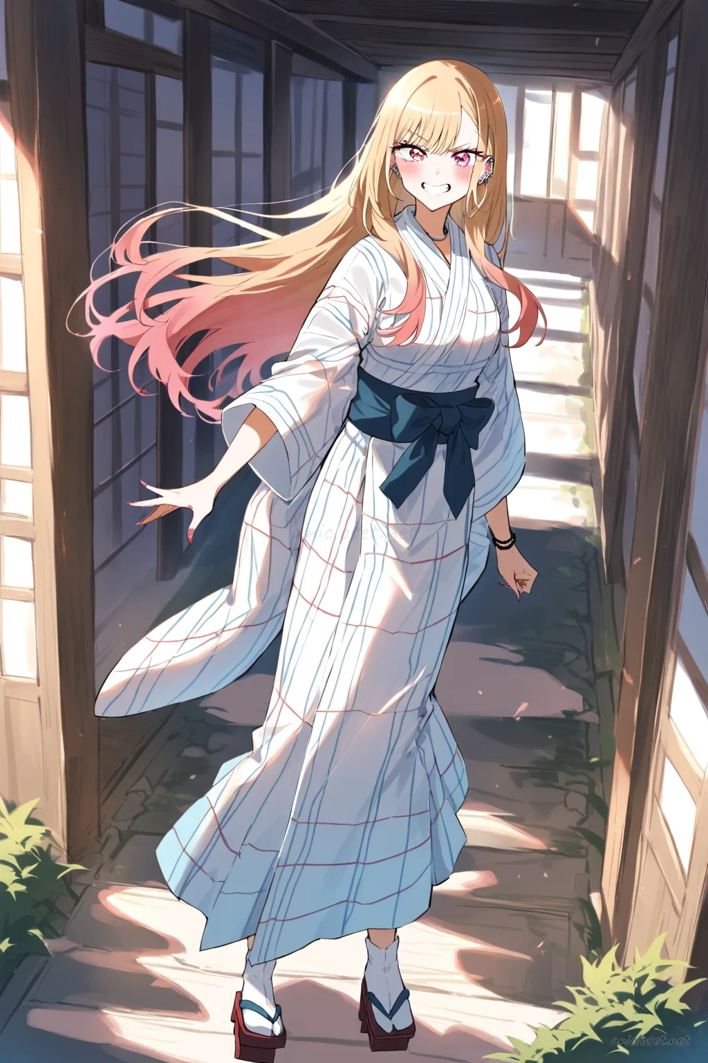 Full body illustration of Marin Kitagawa wearing a summer yukata with simple stripes, obi belt, tabi socks, and geta sandals, standing