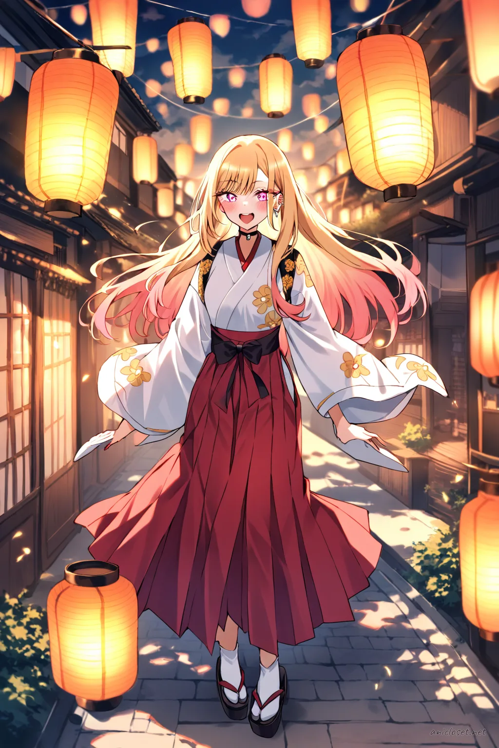 Illustration of Marin Kitagawa wearing a shrine maiden miko outfit with white kosode, red hakama, ribbon hair ties, and ofuda charm